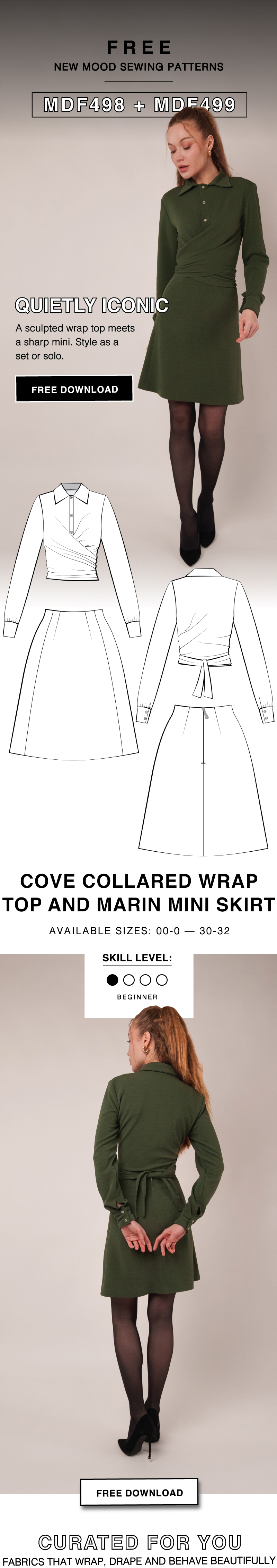 THE COVE COLLARED WRAP TOP AND MARIN MINI SKIRT FREE SEWING PATTERNS