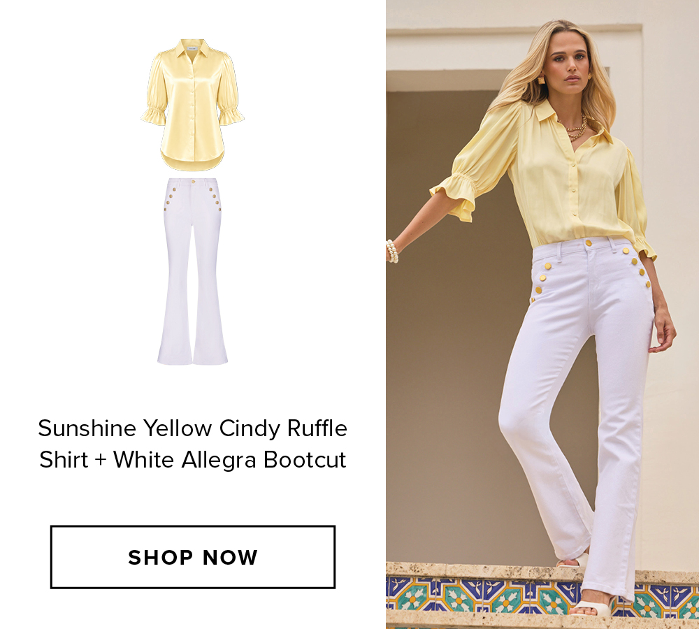 Sunshine Yellow Cindy Ruffle Shirt + White Allegra Bootcut SHOP NOW