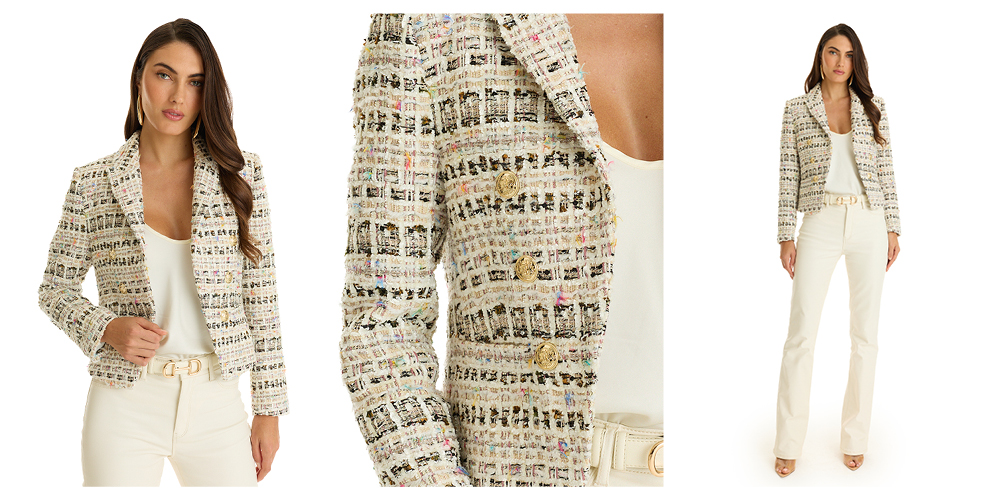 Close up shots of the Gabrielle Double Breasted Tweed Blazer in Ecru Multi