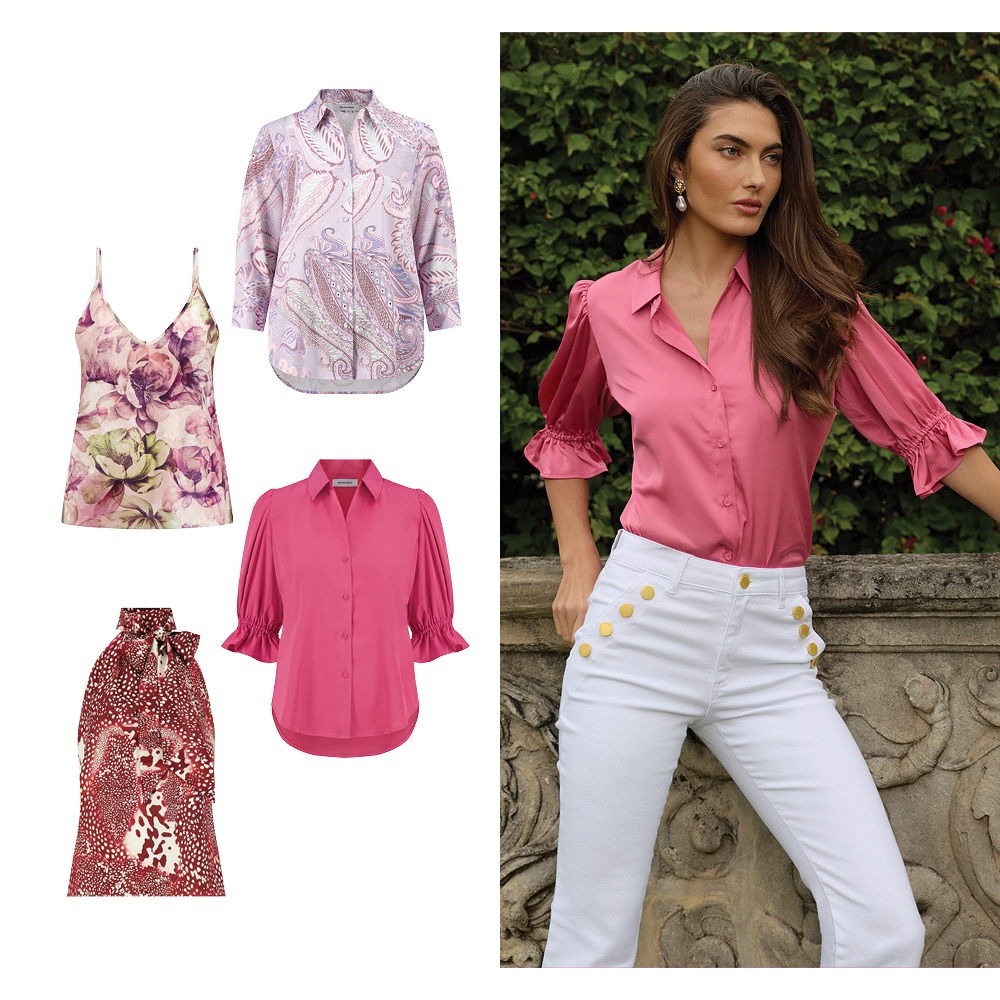 An image of a model wearing our Petal Pink Cindy Ruffle Sleeve Blouse and beside is a invisible mannequin lineup of 4 silky pieces from the new Spring collection