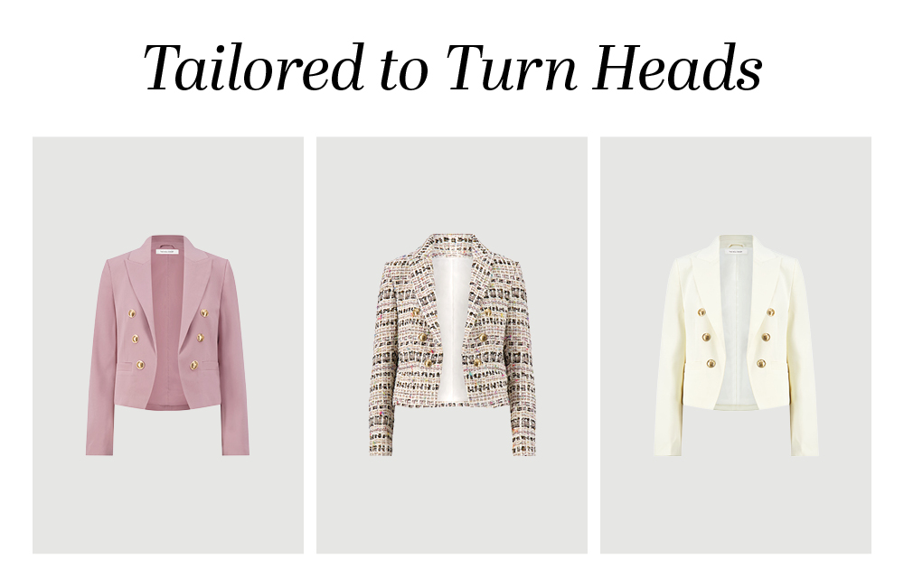 Tailored to Turn Heads. A 3 grid line-up of our Noli Gabrielle Blazers in Blush, Ecru Multi, and Pearl.