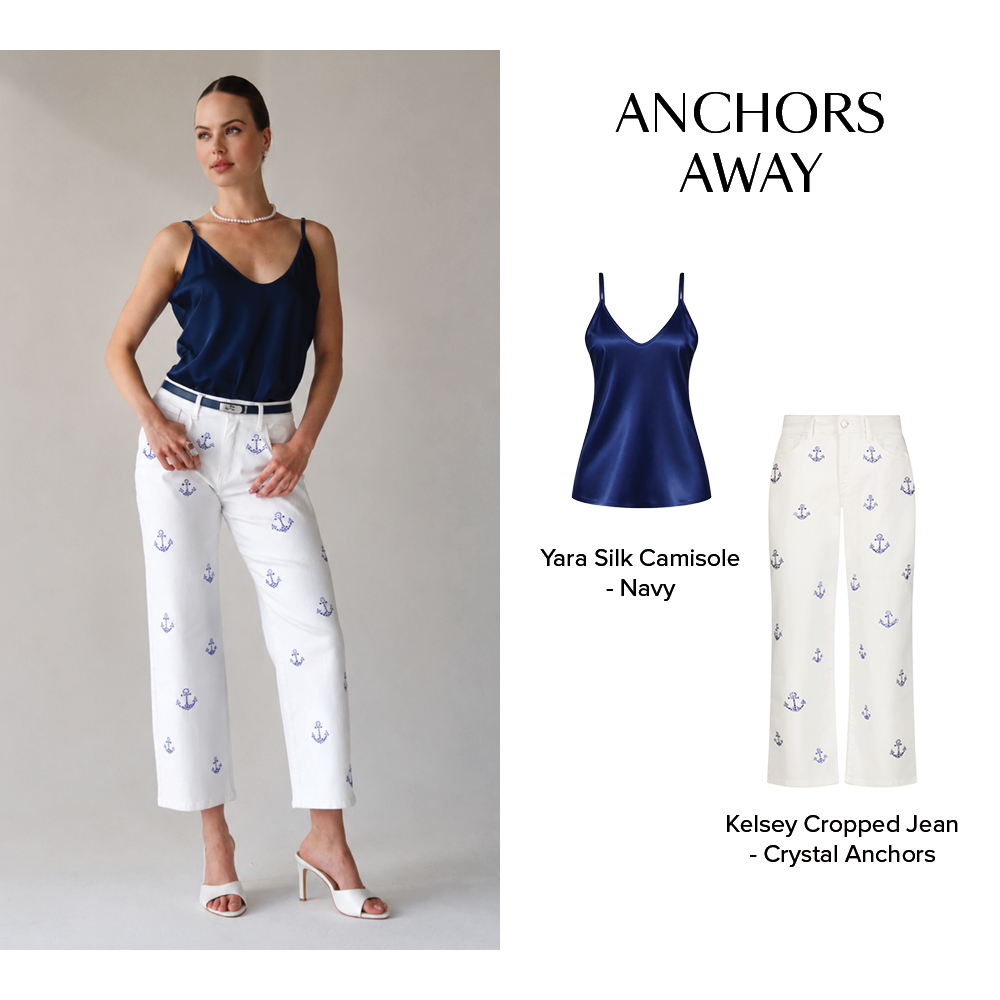 ANCHORS AWAY Yara Silk Camisole - Navy 心 Kelsey Cropped Jean - Crystal Anchors