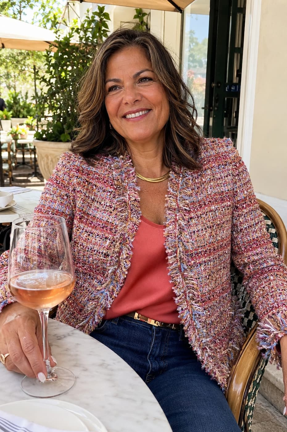 Woman having a glass of wine in the Florence Jacket