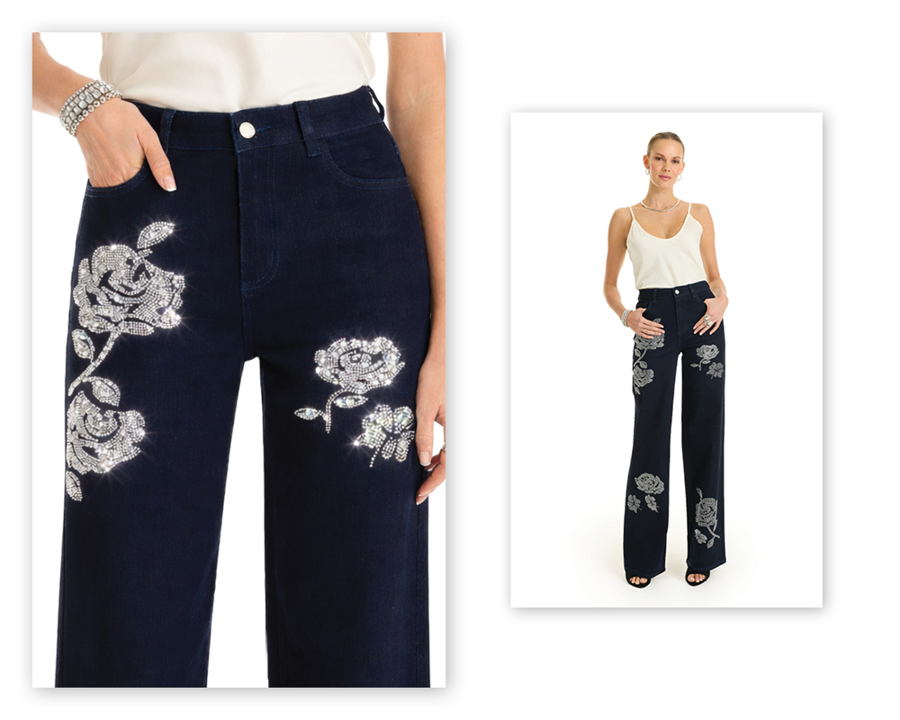An image of a model standing posed wearing the Indigo Kate Crystal Rose Jean with a close up shot next to it.