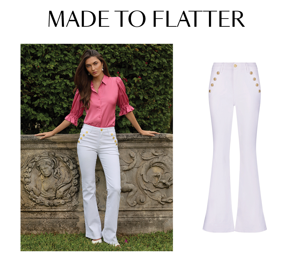 Made to Flatter. A model standing posed leaning on a stone ledge with lush greenery behind her. She is wearing the Petal Pink Cindy Ruffle Top and the White Allegra Bootcut Jean. A flat composition of the jean is beside the image.