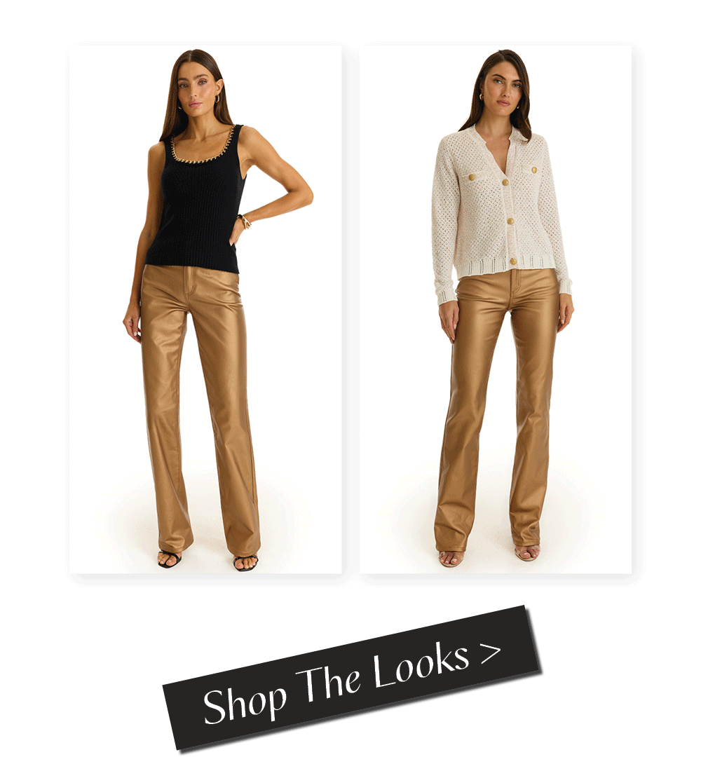 A pair of images of two models wearing the Gold Metallic Aria Coated Flare Jean with either the Black Millie Knit Tank or the Pearl Shannon Sequin Cardigan Top. Shop the Look.