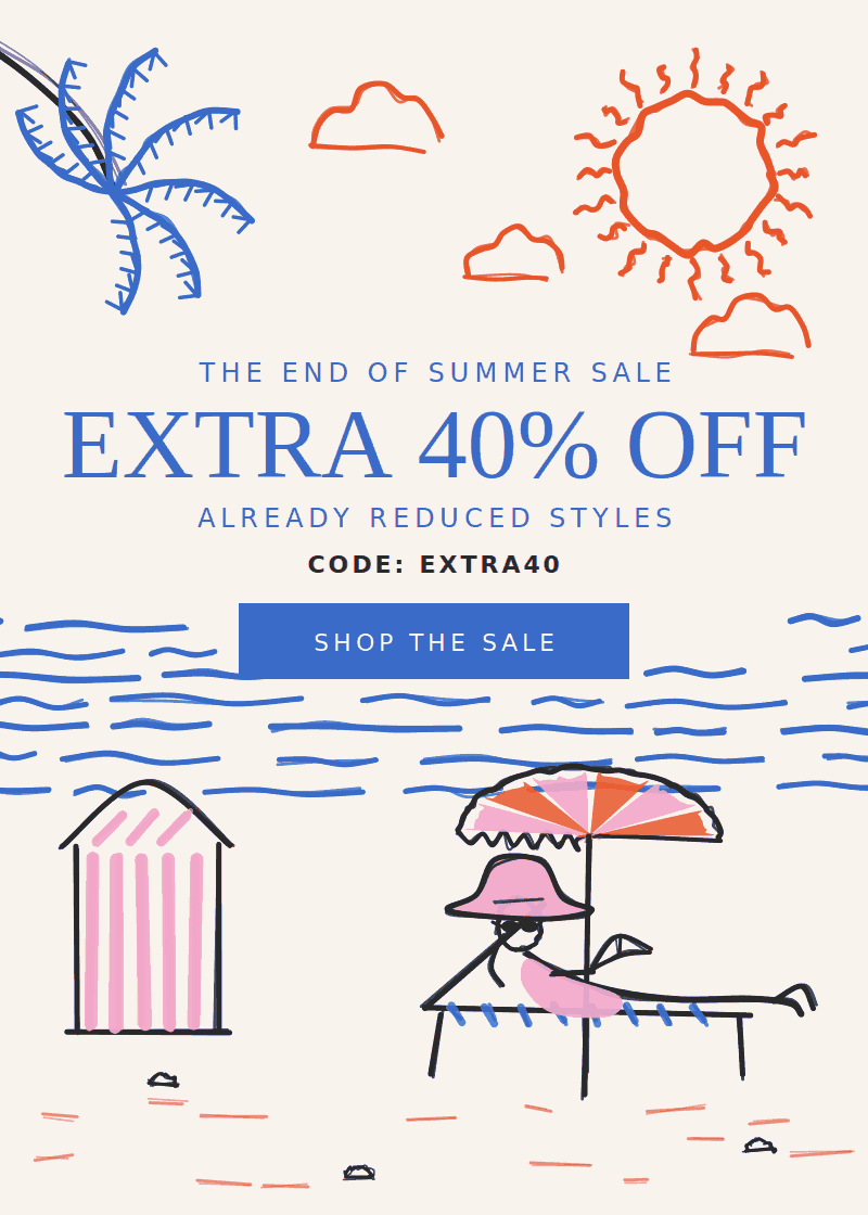 The Labor Day Sale. Extra 40% off already reduced styles with code EXTRA40. Illustration of a woman reading under a beach umbrella beside a striped cabana. Shop the sale.