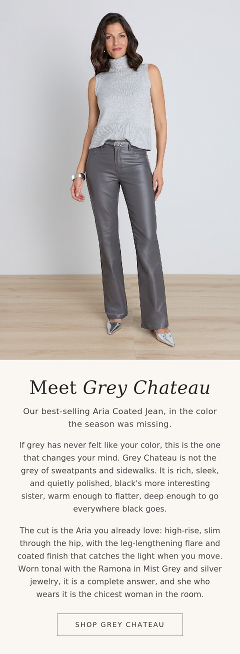 The Aria Coated Flare Jean in Grey Chateau worn with the Ramona Sleeveless Sweater in Mist Grey, a head-to-toe grey look with silver jewelry