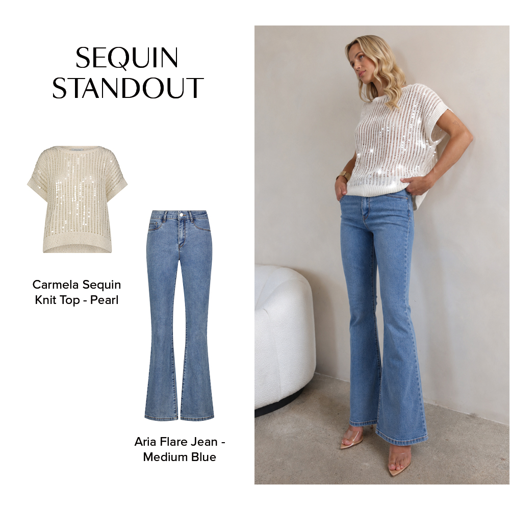 SEQUIN STANDOUT Carmela Sequin Knit Top - Pearl Aria Flare Jean - Medium Blue