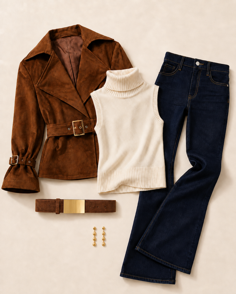 The getaway edit laid flat: chestnut suede belted jacket, ivory cashmere sleeveless turtleneck, indigo flare jeans, and gold droplet earrings on a cream background.