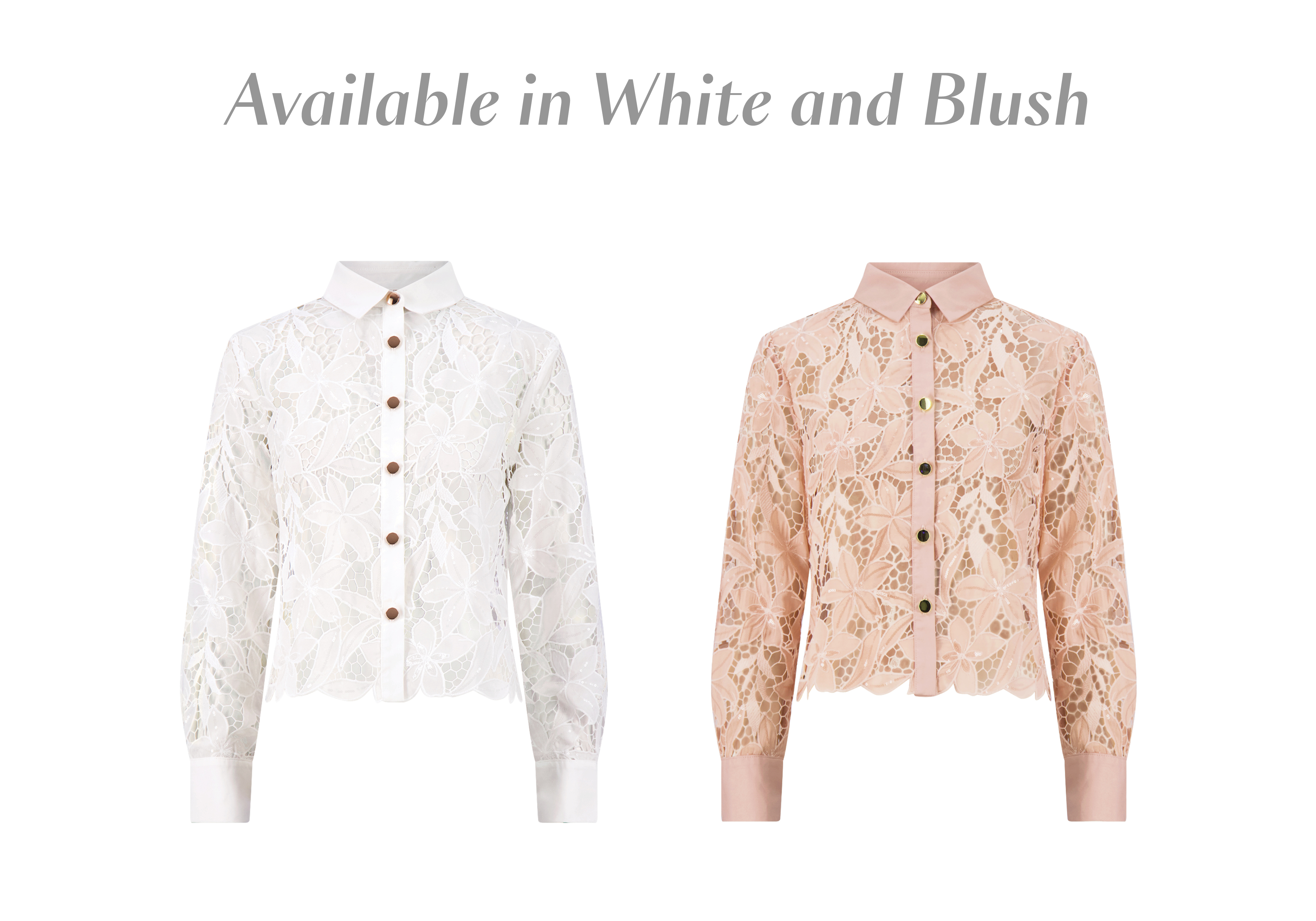 Available in White and Blush. Two flat invisible mannequin images of the Mina Lace Blouse in White and Blush.
