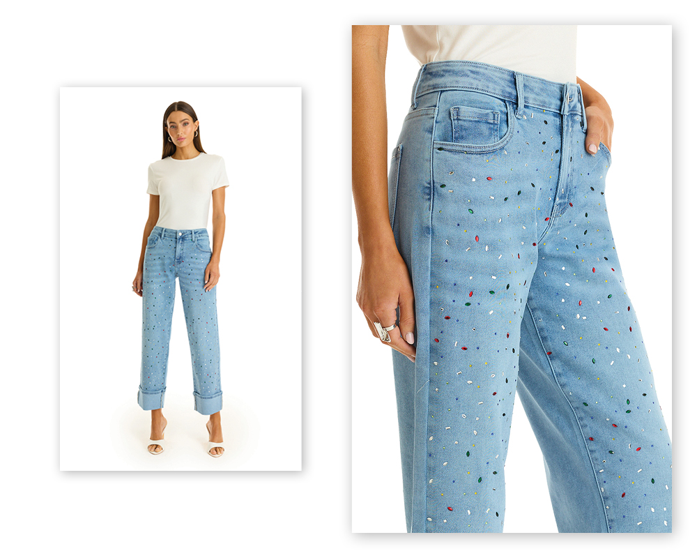 An image of a model standing posed wearing the Confetti Ren Cropped Cuff Jean with a close up shot next to it.