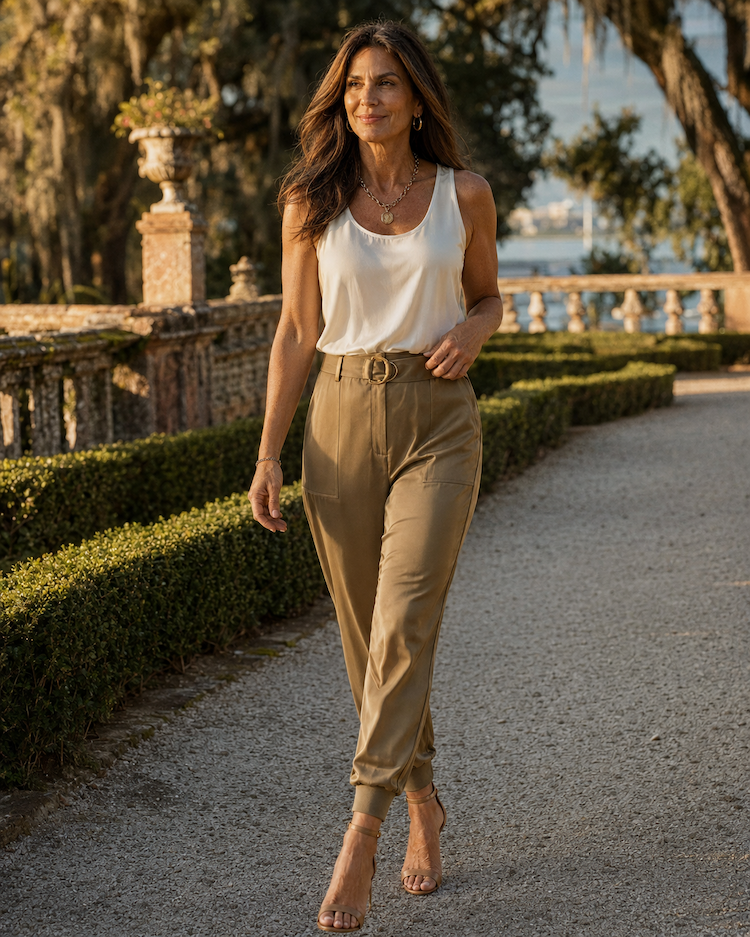 Woman walking a garden path at golden hour in the Adrienne Satin Cargo Pant in Olive and a white silk tank, The Noli Shop