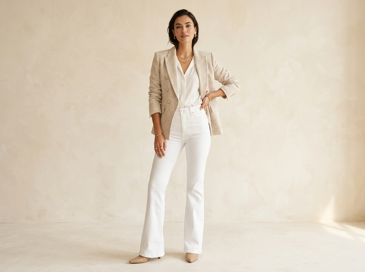 Editorial fashion photograph of a woman in tweed blazer and white flare denim