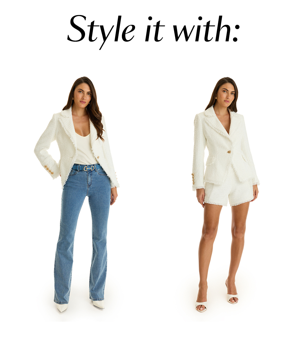 Style it with. Two images of the same model on a simple white background wearing the An image of a model posed in a lush garden with lots of greenery wearing the White Giselle Single Breasted Tweed Blazer. One is styled with the Medium Blue Aria Flare Jean and Denim Bettie Belt. The other is paired with the White Tamara Tweed Button Short