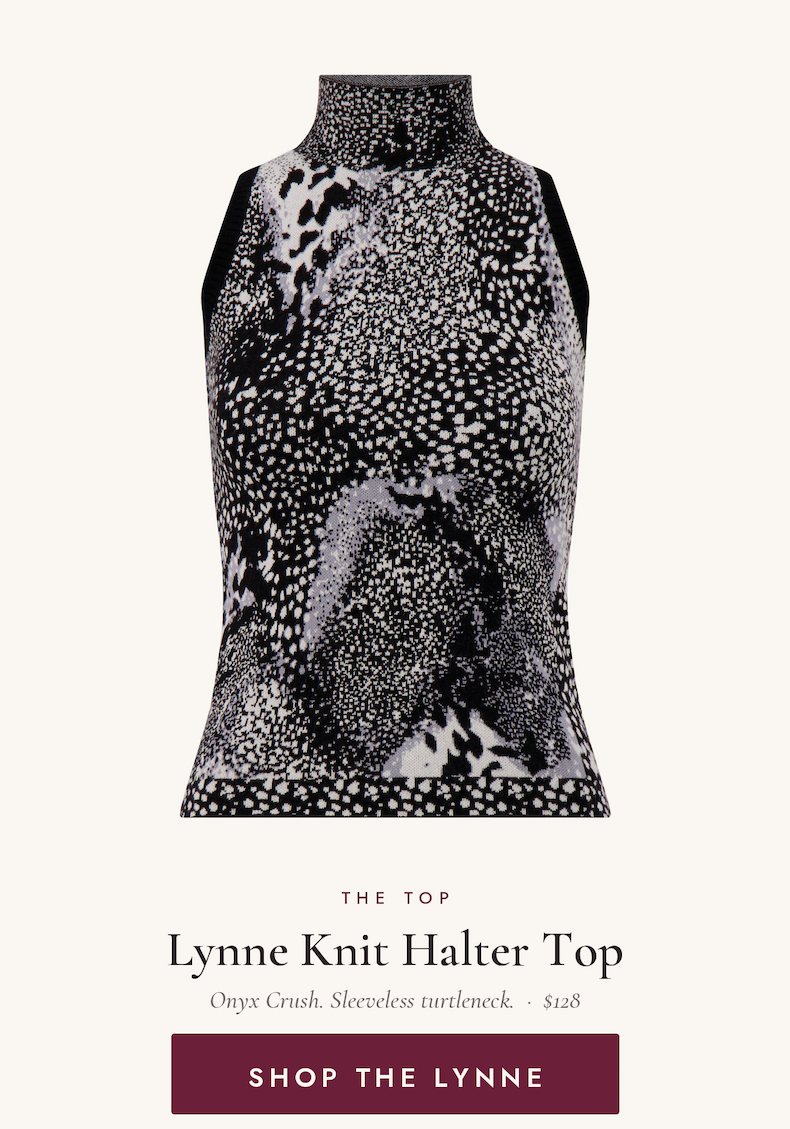 Lynne Knit Halter Top in Onyx Crush, $128. Sleeveless knit turtleneck in a black, white and silver crush pattern. Shop the Lynne.