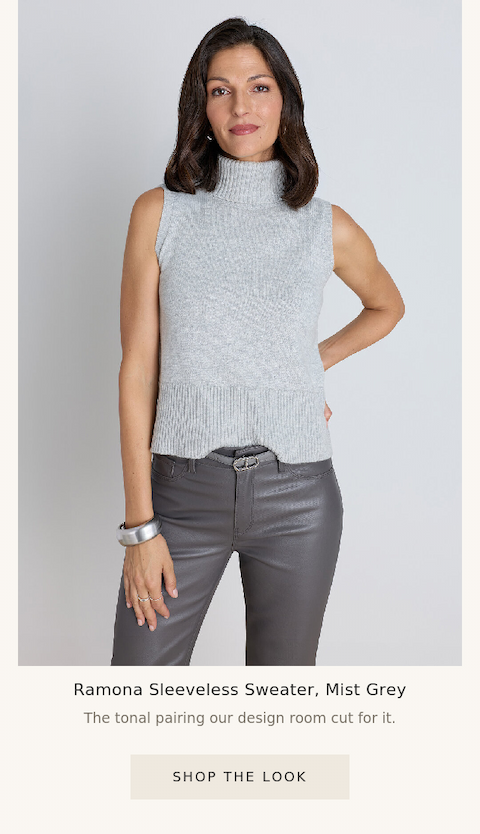 The Ramona Sleeveless Sweater in Mist Grey worn over the Grey Chateau Aria with a silver cuff, the tonal pairing styled head to toe