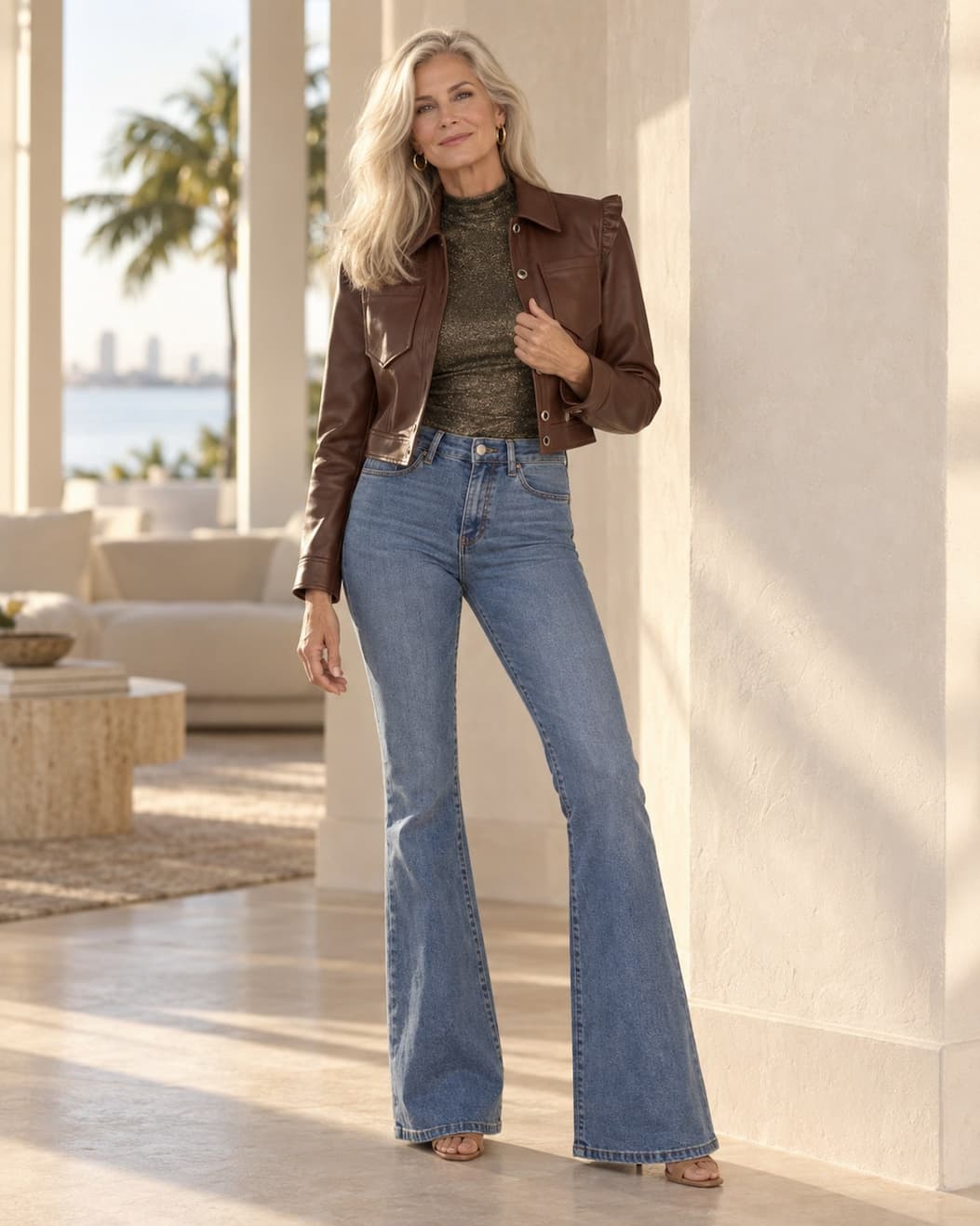 A woman in her sixties standing in a sunlit Miami home, wearing the Chantal Ruffle Sleeve Leather Jacket in Espresso over the Mia Shimmer Tank in Gold with the Aria Flare Jean in Medium Blue. All three are in the sale collection, an extra 40% off with code EXTRA40 until midnight tonight.
