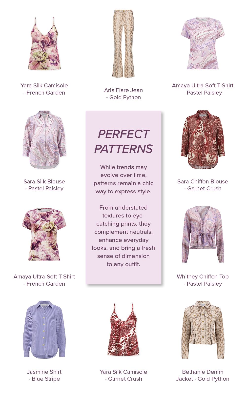 Perfect Print Patterns. While trends may evolve over time, patterns remain a chic way to express style. From understated textures to eye-catching prints, they complement neutrals, enhance everyday looks, and bring a fresh sense of dimension to any outfit. A flast grid of Noli pieces with patterns.