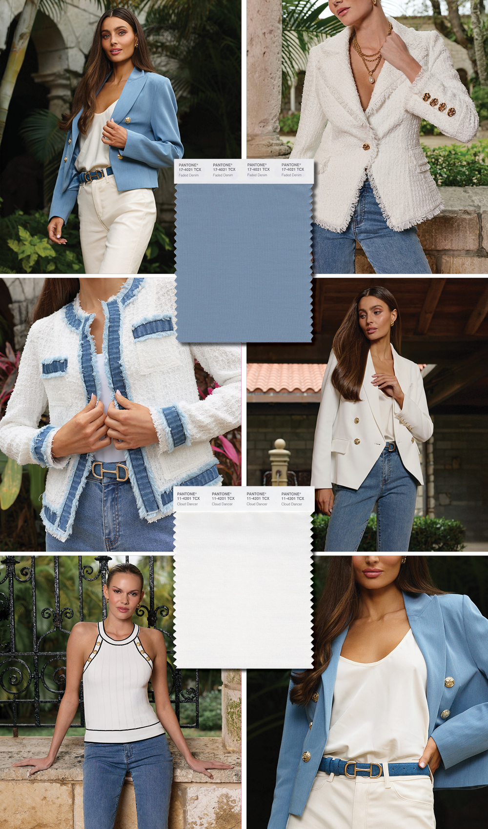Blues and White as the main spring colors of Noli Spring styled with spring collection pieces and looks.