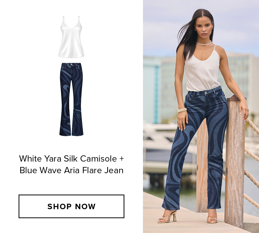 White Yara Silk Camisole + Blue Wave Aria Flare Jean SHOP NOW