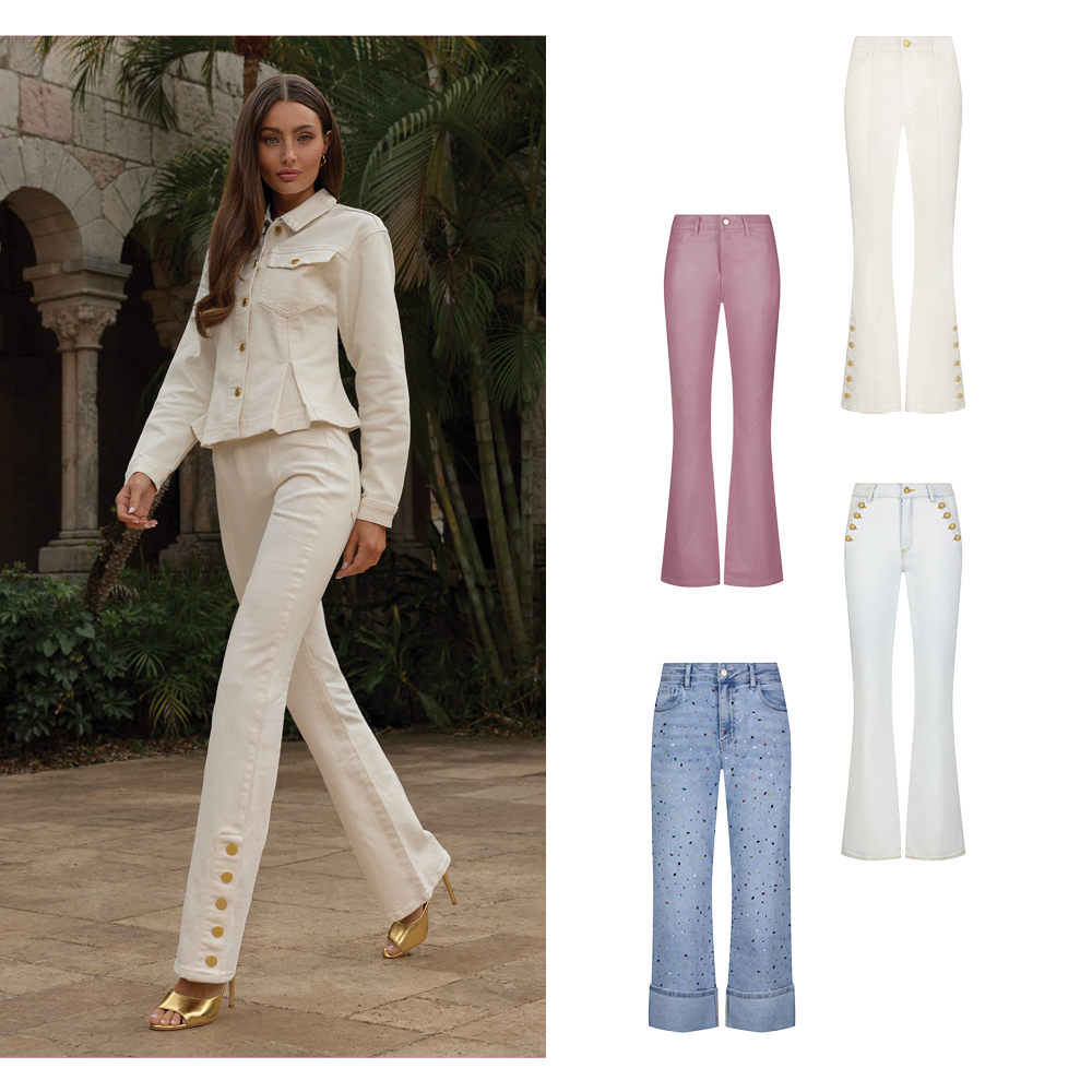 An image of a model wearing our Ivory Bethanie and Veronica Denim Set and beside is a invisible mannequin lineup of 4 denim pieces from the new Spring collection