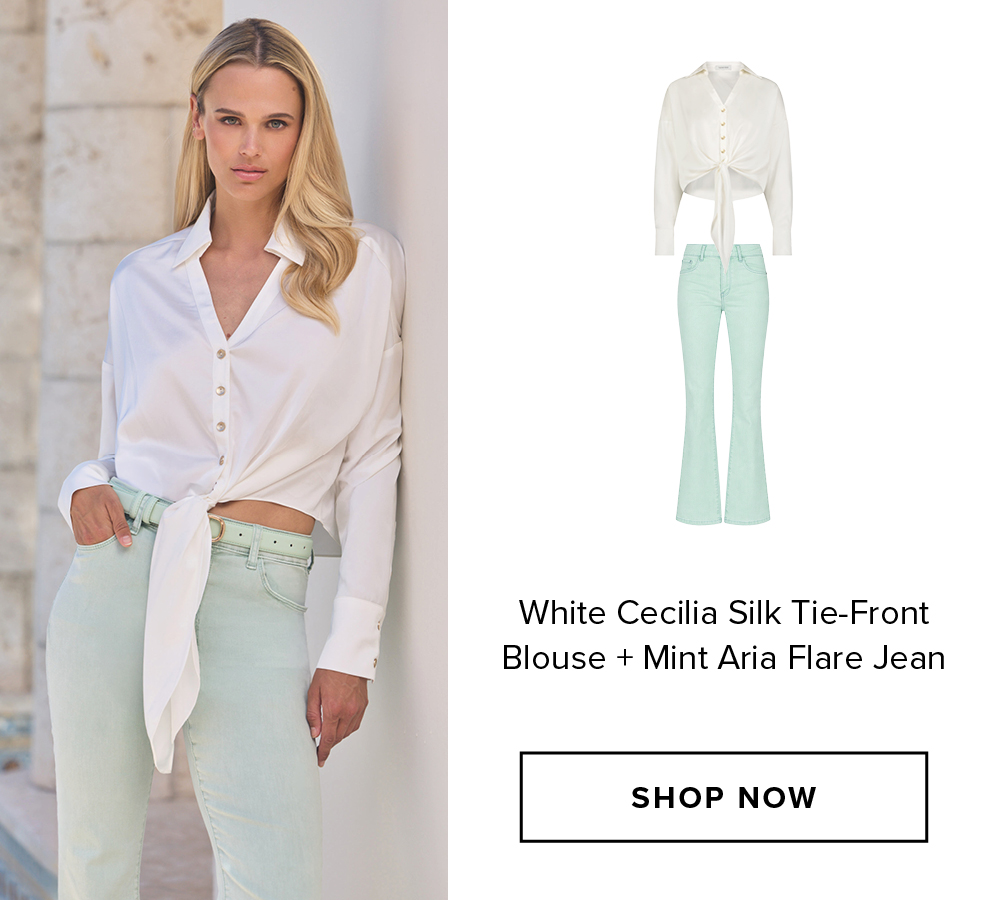 White Cecilia Silk Tie-Front Blouse + Mint Aria Flare Jean SHOP NOW