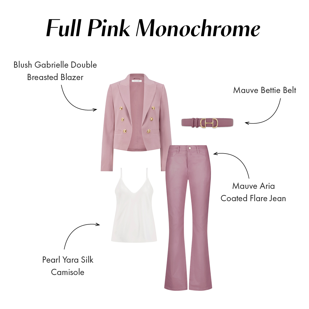 Full Pink Monochrome. Flat images of a styled Noli Look including the Blush Gabrielle Double Breasted Blazer, Pearl Yara Silk Camisole, Mauve Aria Coated Flare Jean, and Mauve Bettie Belt.