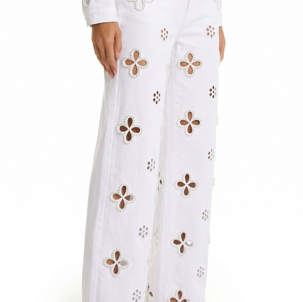 White Kaia Jeans wtih Pearls