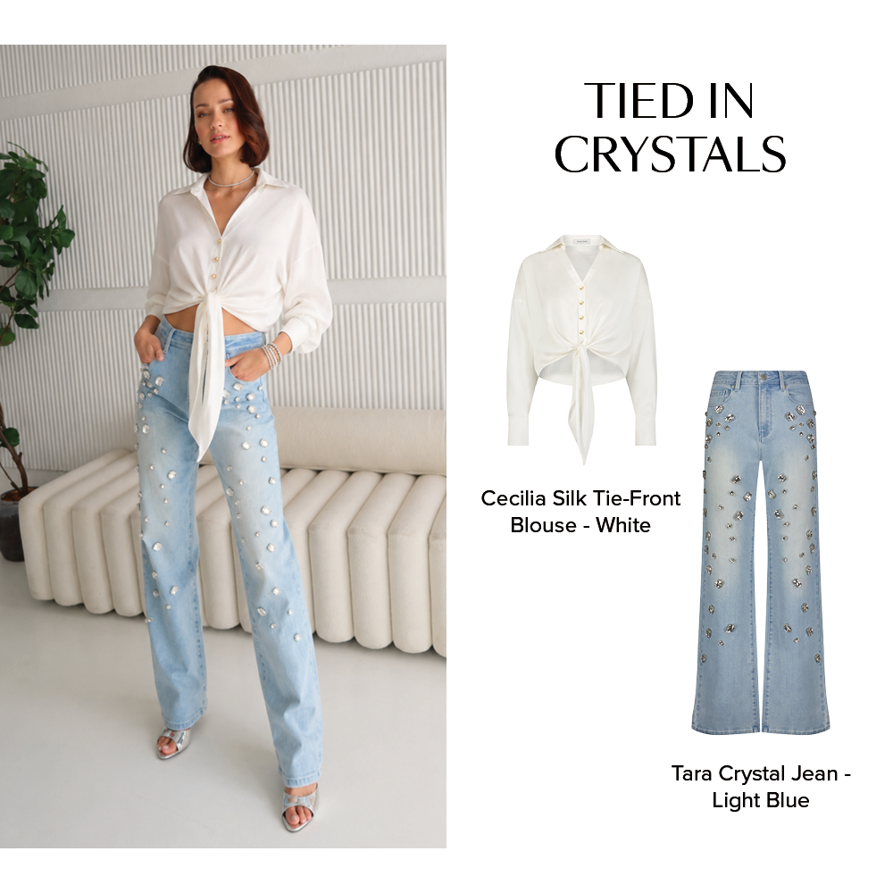 TIED IN CRYSTALS Cecilia Silk Tie-Front Blouse - White Tara Crystal Jean - Light Blue