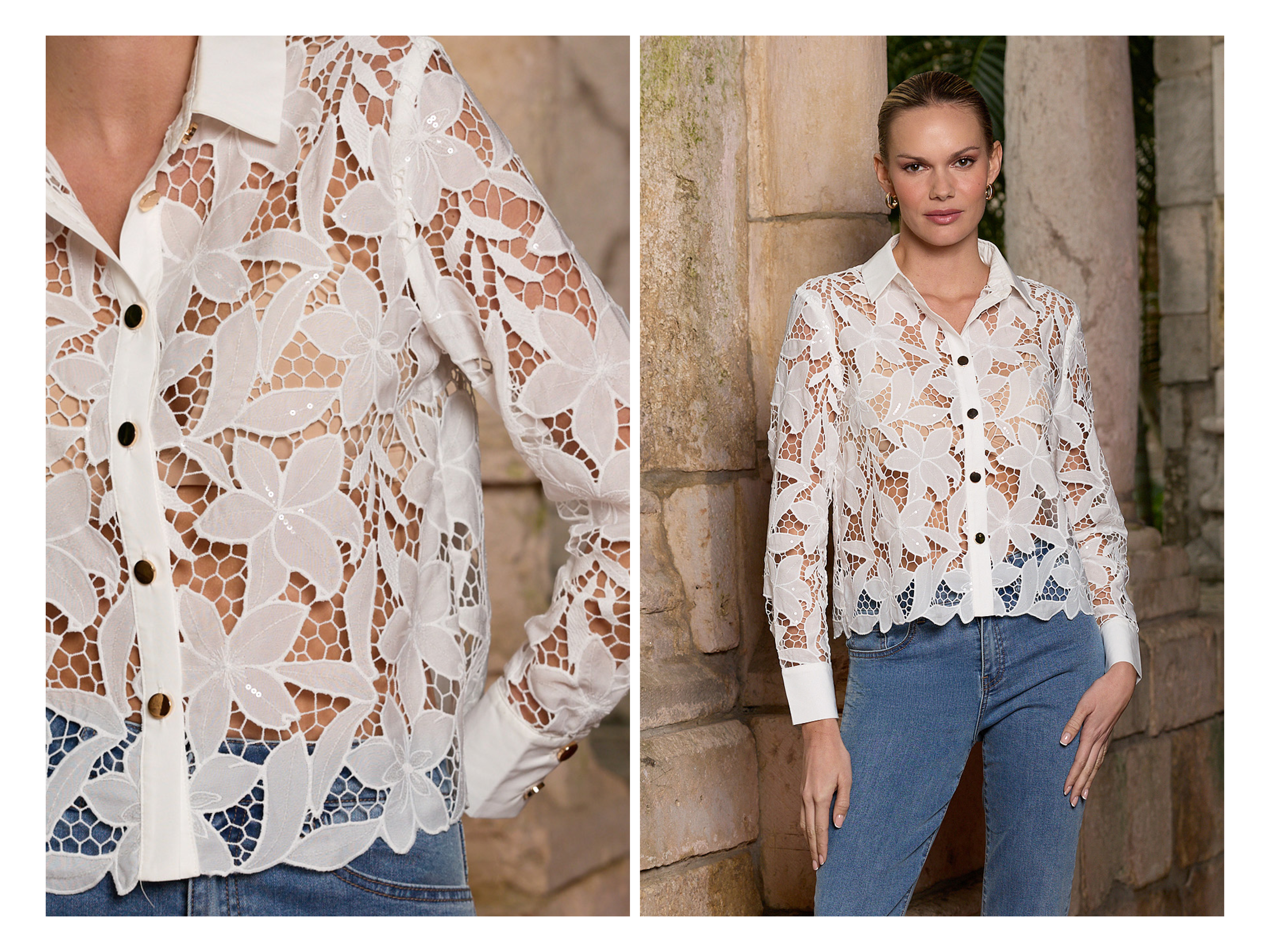 A two image grid of a model standing posed close up detail shot of the White Mina Lace Blouse on the left and posed in a stone corridor on the right.