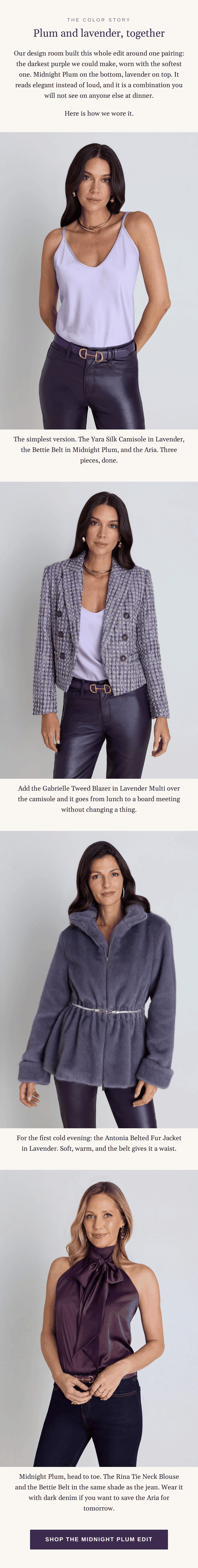 The color story: plum and lavender, together. Four looks pairing the Midnight Plum Aria with the Yara Camisole, Gabrielle Blazer, Antonia Jacket and Rina Blouse. Shop the Midnight Plum Edit.