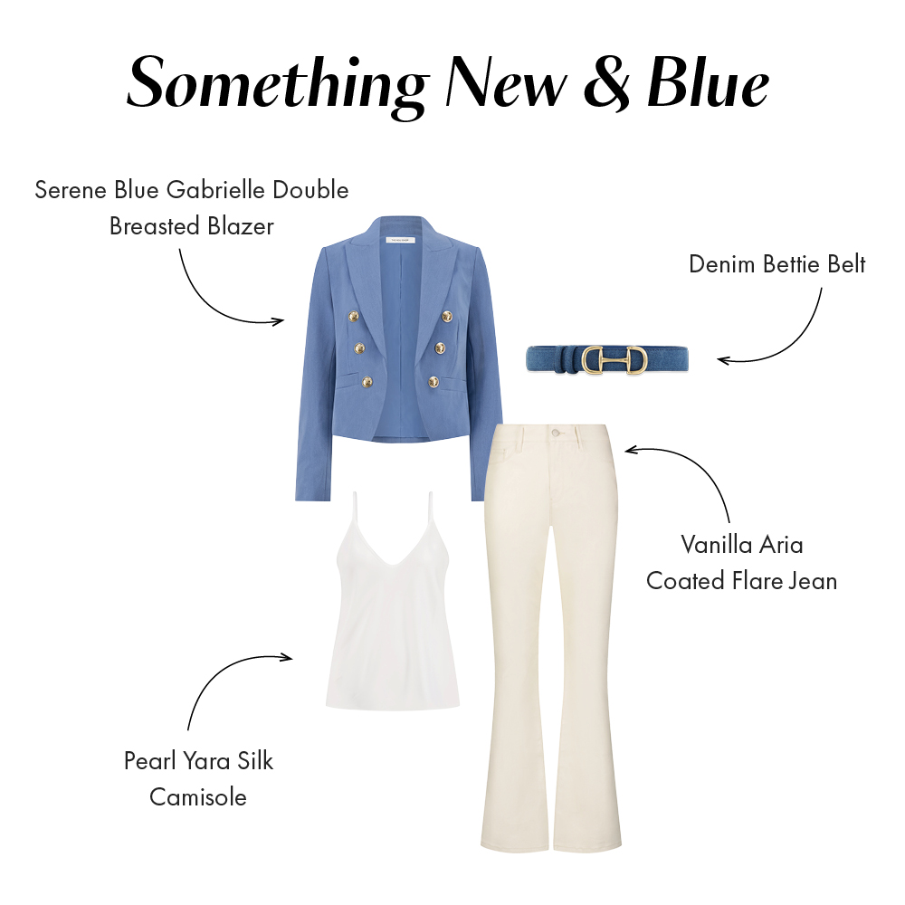 Something New and Blue. Flat images of a styled Noli Look including the Serene Blue Gabrielle Double Breasted Blazer, Pearl Yara Silk Camisole, Vanilla Aria Coated Flare Jean, and Denim Bettie Belt.