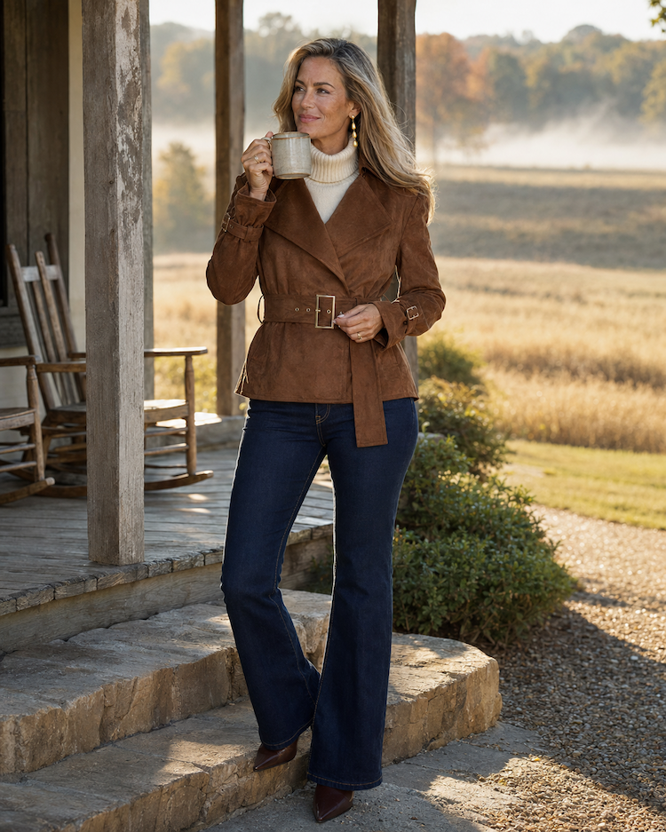 A woman in a chestnut suede belted jacket, ivory turtleneck, and indigo flare jeans drinks coffee on the porch of a stone farmhouse, morning mist over the meadow behind her.