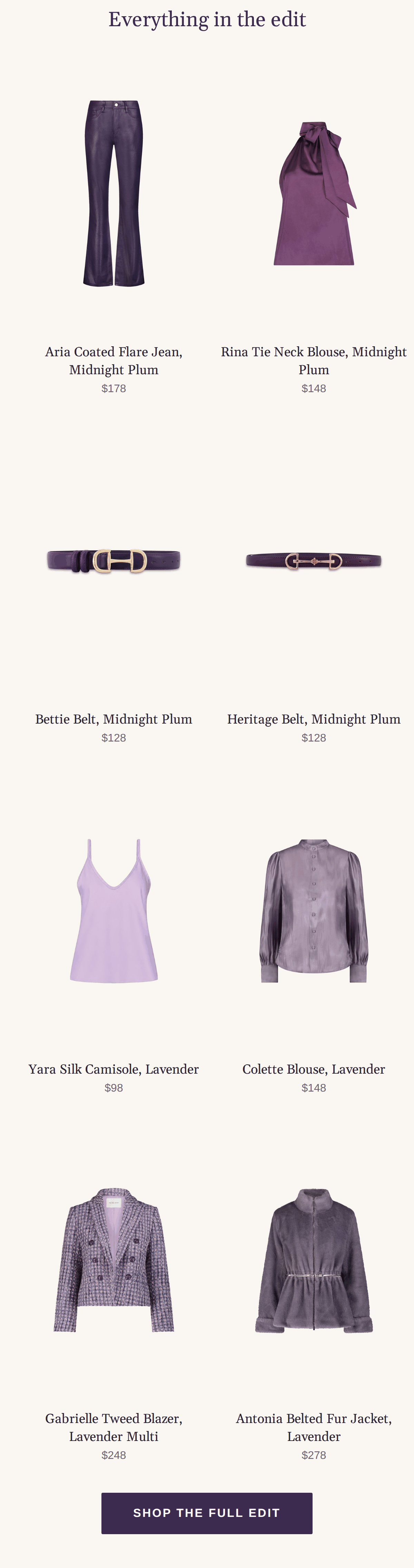 Everything in the edit: Aria Jean, Rina Blouse, Bettie Belt, Heritage Belt, Yara Camisole, Colette Blouse, Gabrielle Blazer, Antonia Jacket. Shop the full edit.