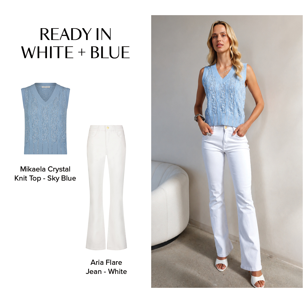 READY IN WHITE + BLUE Mikaela Crystal Knit Top - Sky Blue Aria Flare Jean - White