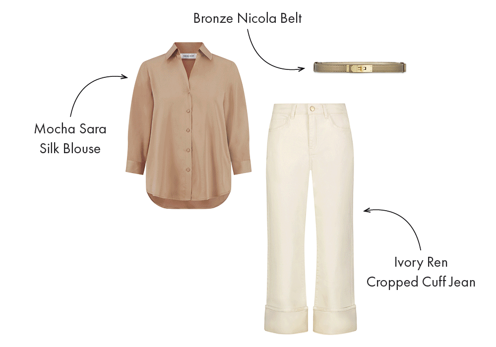 A gif of all the ways you can style the different Sara Blouses available in a variety of colors and fabrics.