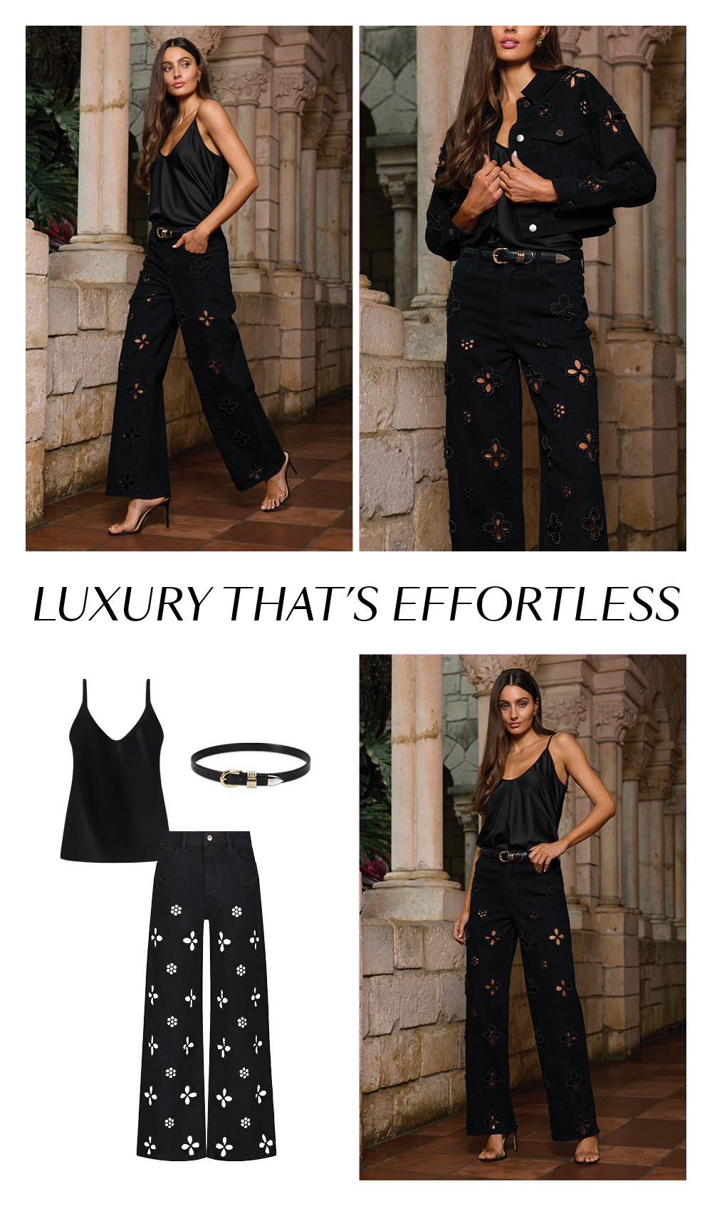 Two images side by side of the model wearing the Black Kaia Pearl High Rise Jean and another showing a close up of the Black Kaia Pearl Jean Jacket and details of the jean together. Under is a title that reads "Luxury that's Effortless" and a flat composition of the Black Kaia High Rise Jean styled with a lifesyle image next to it showing how it looks in real life with the Black Yara Silk Camisole, Black Kaia Pearl High Rise Jean, and Black Blair Belt.