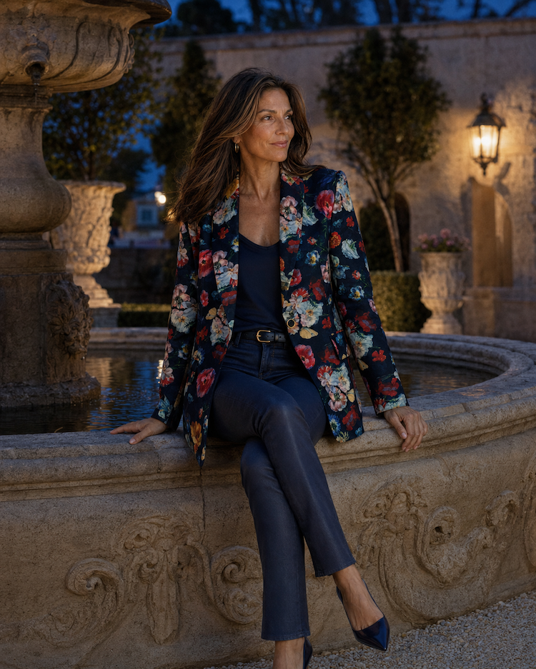 Woman at dusk beside a stone fountain wearing the Cheryl Midnight Garden Blazer over navy, The Noli Shop Fall Collection