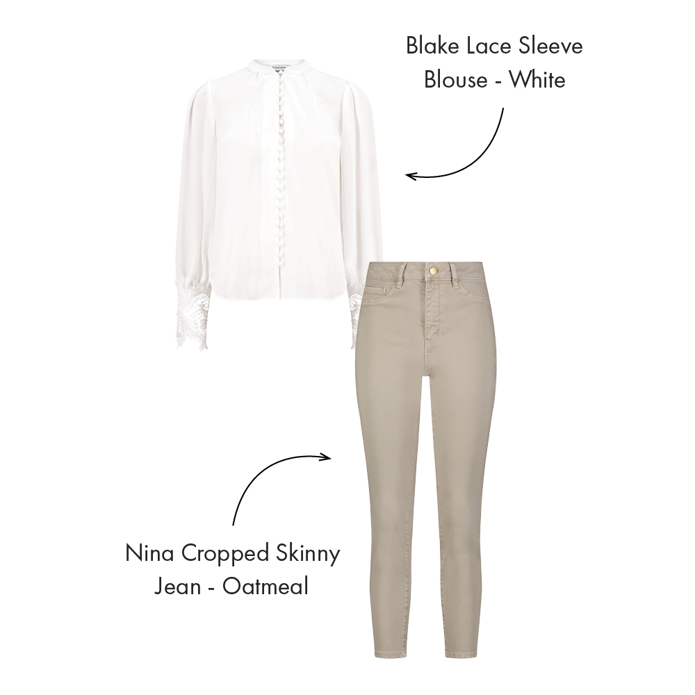 Styled flat images of the White Blake Lace Sleeve Blouse and the Oatmeal Nina Cropped Skinny Jean