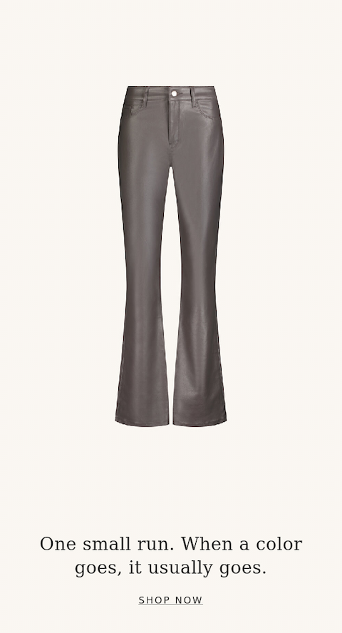 Flat lay of the Aria Coated Flare Jean in Grey Chateau showing the sleek coated finish and flared leg. One small run