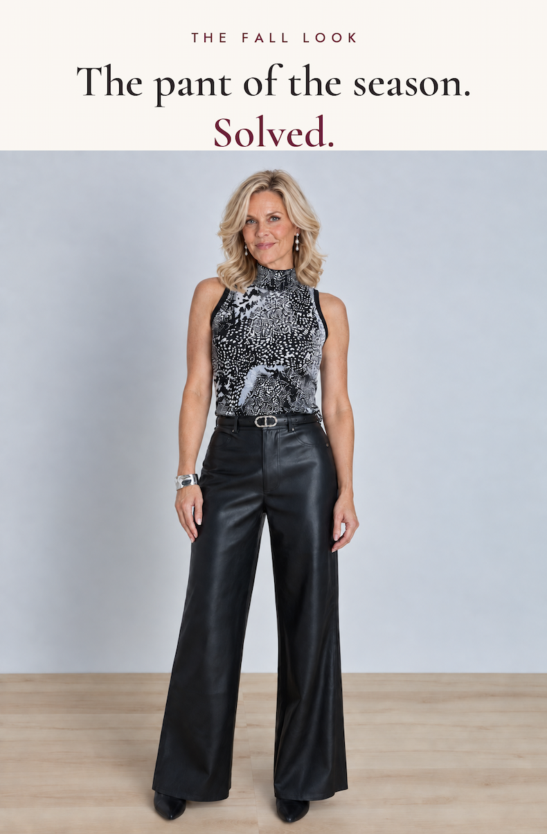 The pant of the season, solved. Model wears the Daphne Leather Pant in Black, the Lynne Knit Halter Top in Onyx Crush, the Mabel Belt in Black/Silver and Modern Droplet Earrings in Silver.