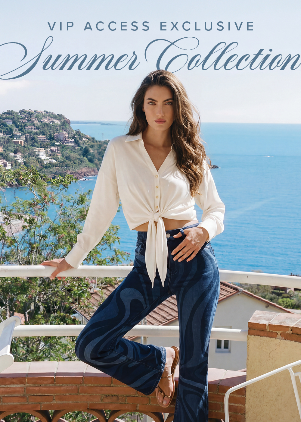 VIP ACCESS EXCLUSIVE. Summer Collection. An image of a model over a beautiful mountain coast wearing an outfit from the noli summer collection.
