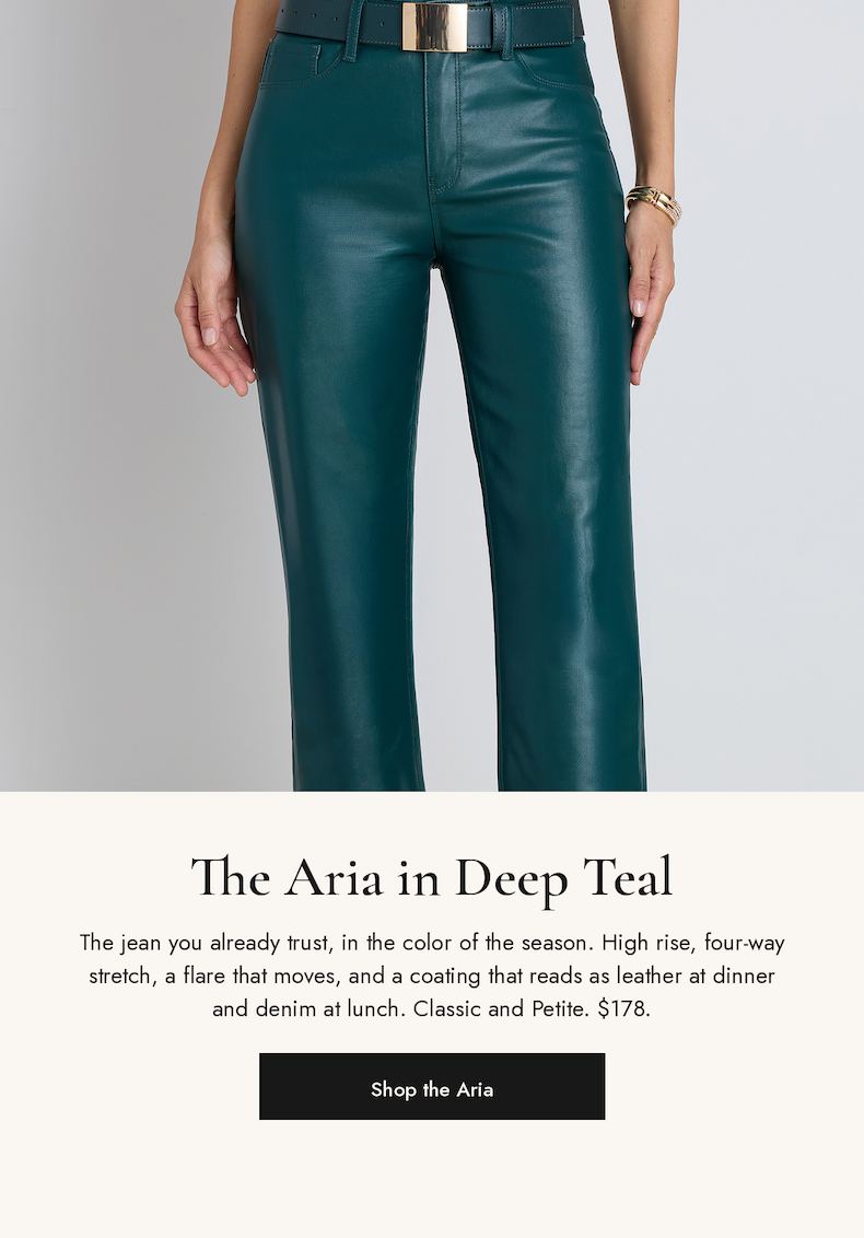 The Aria Coated Flare Jean in Deep Teal, worn with the Bianca Belt. $178.