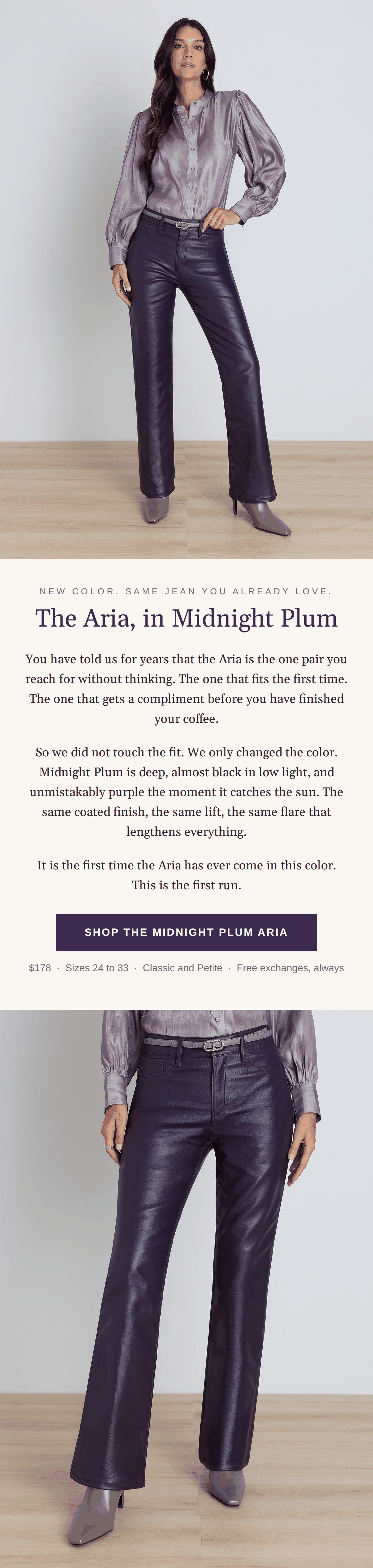 TThe Aria Coated Flare Jean in Midnight Plum. New color, same jean you already love. Shop the Midnight Plum Aria, $178, sizes 24 to 33, Classic and Petite.