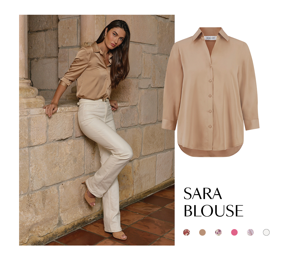Sara Blouse. A flat image of the blouse in Mocha and below shows 6 available color swatches for it. On the left is an image of a model wearing the blouse with a stone wall behind her.