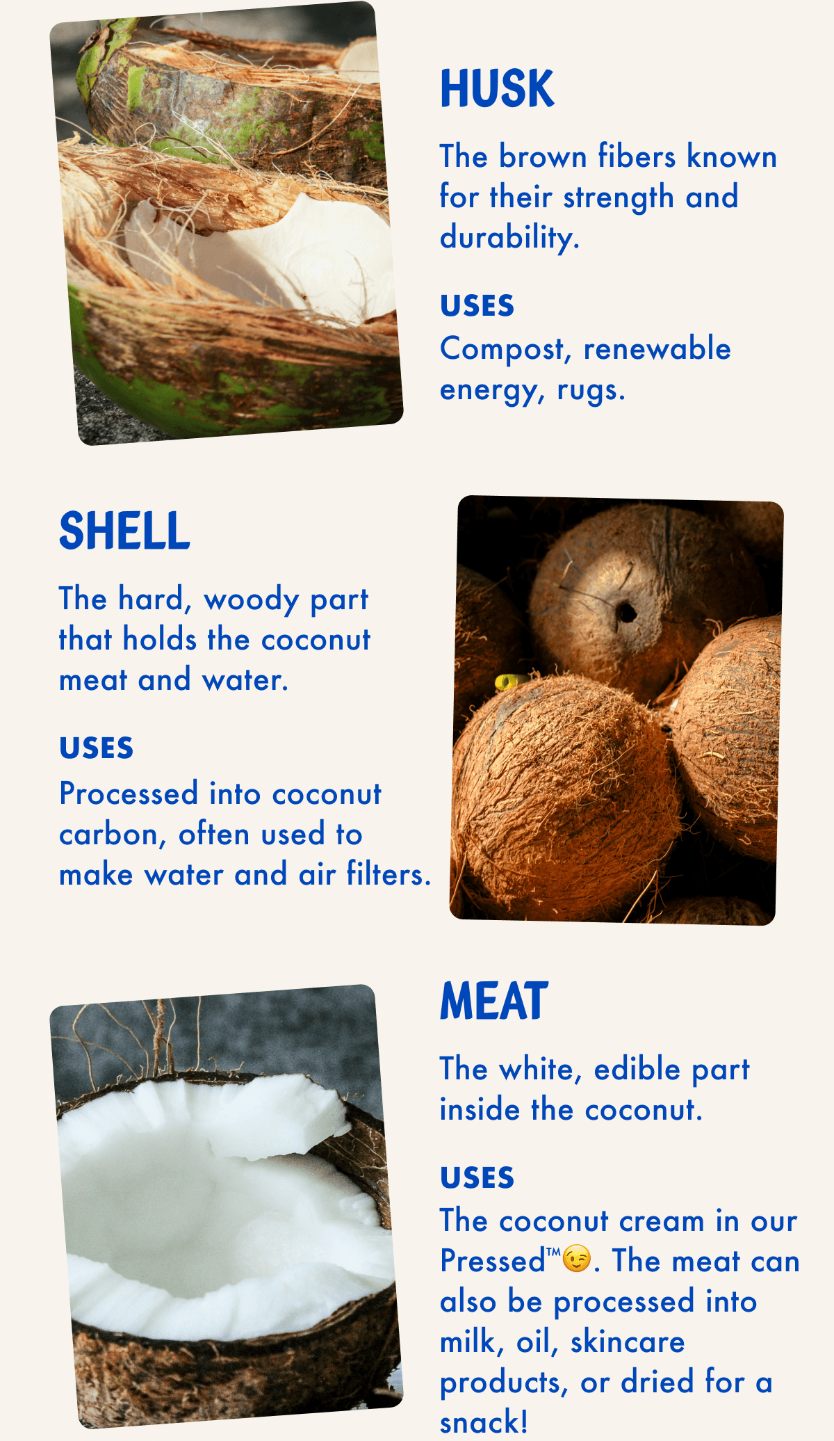 Husk - The brown fibers known for their strength and durability. | Uses - Compost, renewable energy, rugs.| Sheel - The hard, woody part that holds the coconut meat and water. | Uses - Processed into coconut carbon, often used to make water and air filters. | Meat - The white, edible part inside the coconut. | Uses - The coconut cream in our Pressed 😉. The meat can also be processed into milk, oil, skincare products, or dried for a snack!