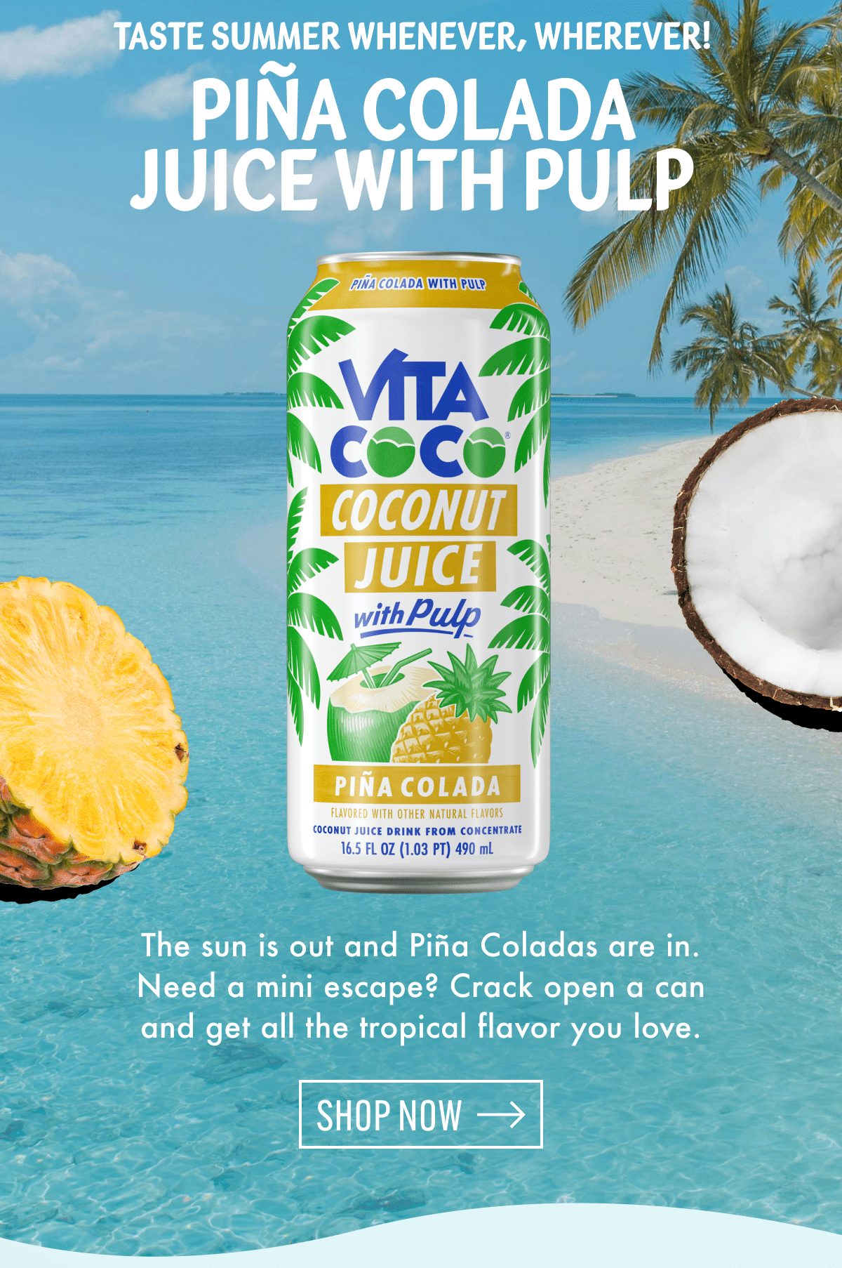 Taste Summer Whenever, Wherever! Pina Colada Juice with Pulp | The sun is out and Pina Coladas are in. Need a mini escape? Crack open a can and get all the tropical flavor you love. | Shop Now