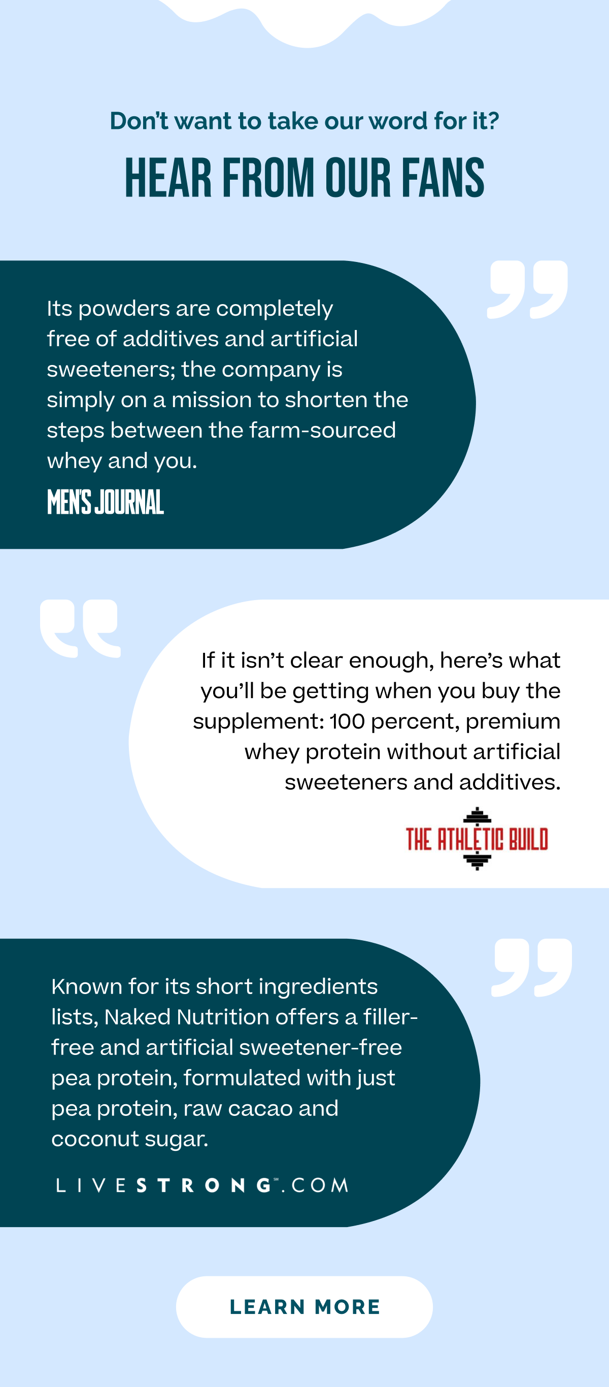 Don't want to take our word for it? Hear from our fans:Its powders are completely free of additives and artificial sweeteners; the company is simply on a mission to shorten the steps between the farm-sourced whey and you. - Mens Journal If it isn't clear enough, here's what you'll be getting when you buy the supplement: 100 percent, premium whey protein without artificial sweeteners and additives.- The Athletic Build Known for its short ingredients lists, Naked Nutrition offers a filler-free and artificial sweetener-free pea protein, formulated with just pea protein, raw cacao and coconut sugar.- Livestrong.com