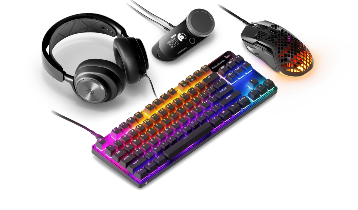 Image of SteelSeries products - headset, keyboard and mouse
